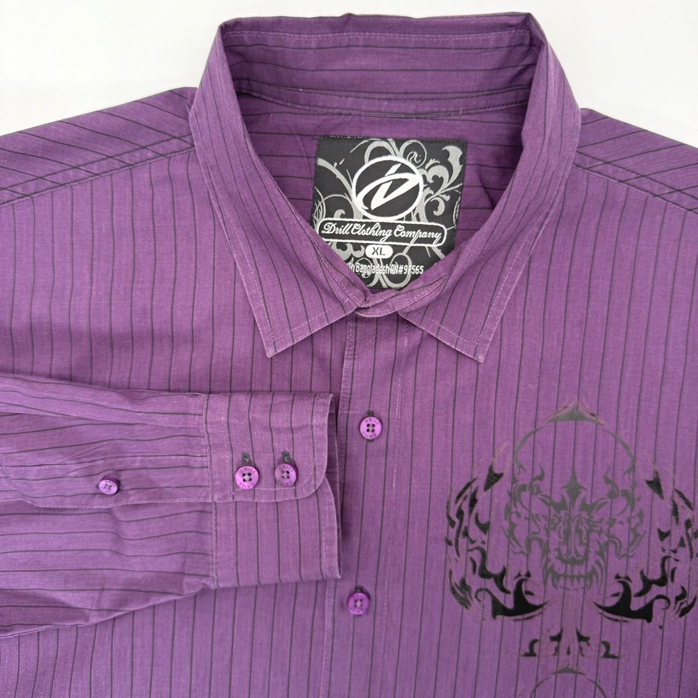 Drill Clothing Company Button Up Men XL Purple Pinstripe Tribal Graphic Long Slv